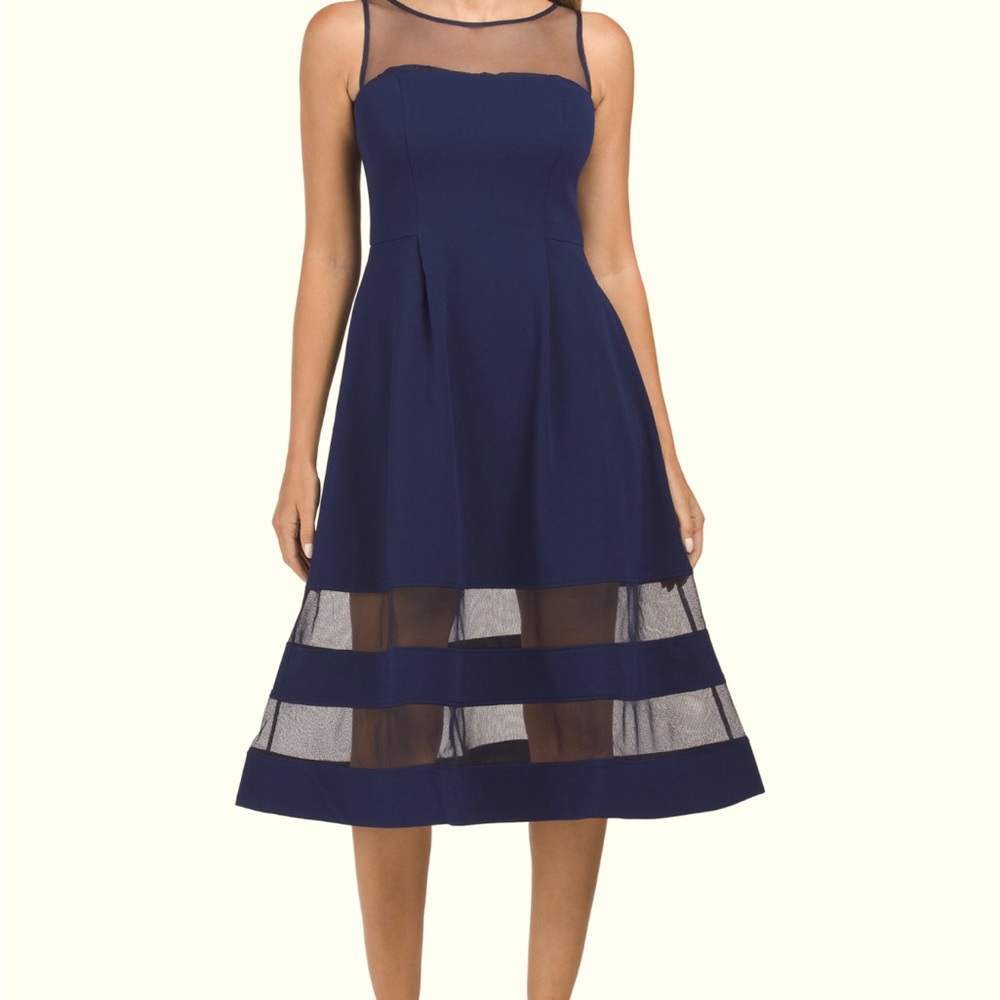 NWT Adrianna Papell Crepe Illusion Midi Dress Navy size 10